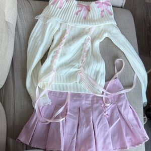 Kawaii Bow White Sweater and Pink Skirt Set